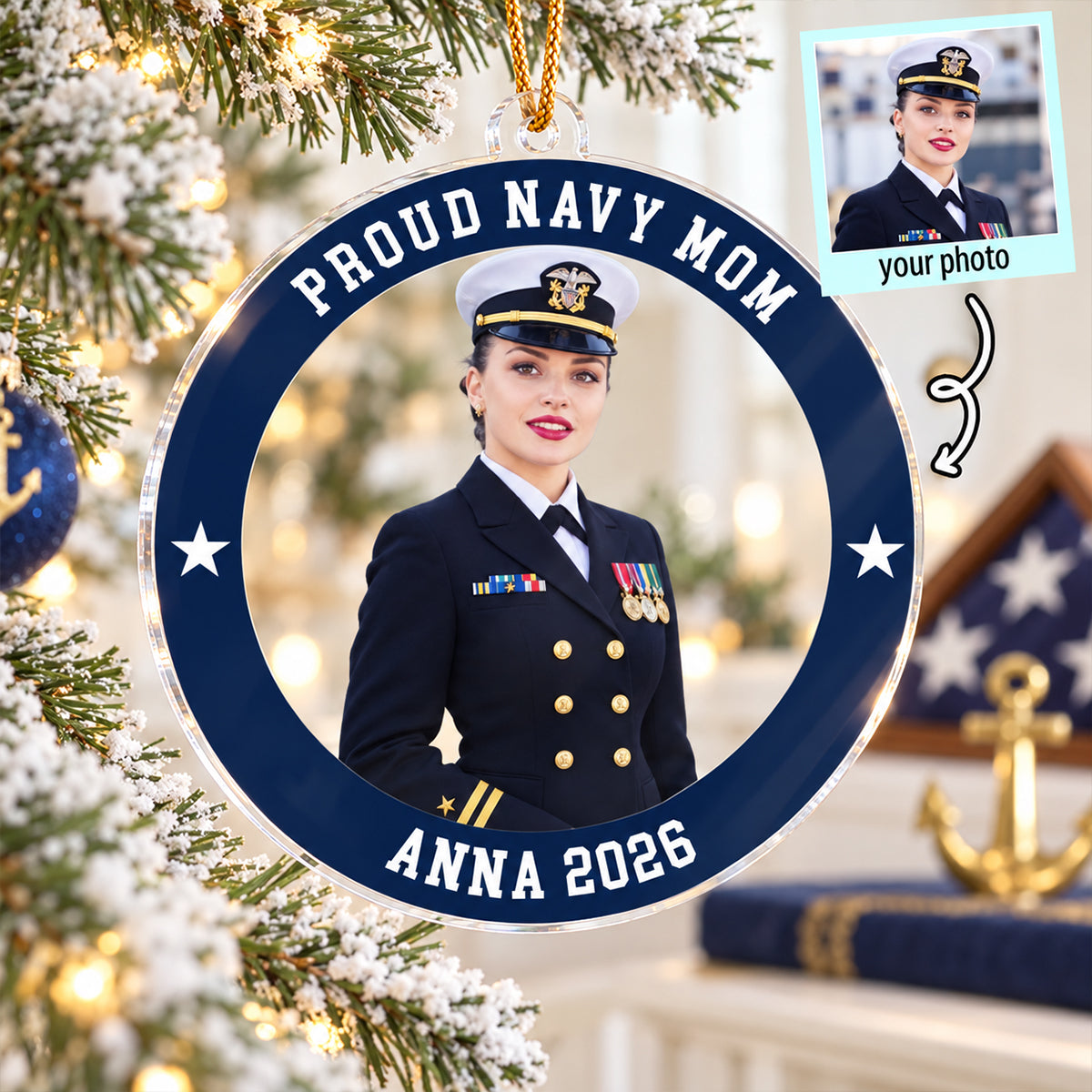 Custom Photo Navy Uniform – Personalized Acrylic Ornament – Proud Navy Mom Dad Keepsake, Christmas Gift for Military Family
