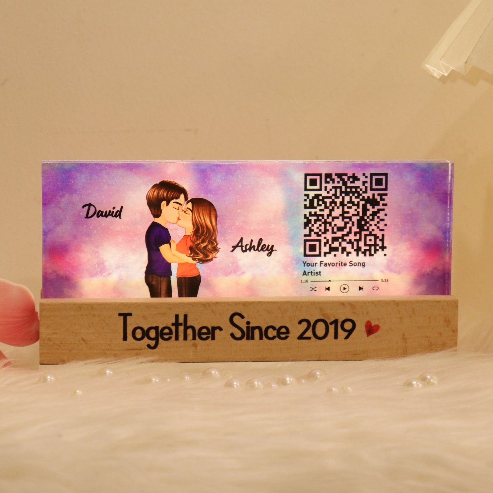 Couple Kissing, Favorite Song Scannable QR Code Personalized Acrylic LED Night Light, Anniversary, Just Because Gift For Her, Gift For Him