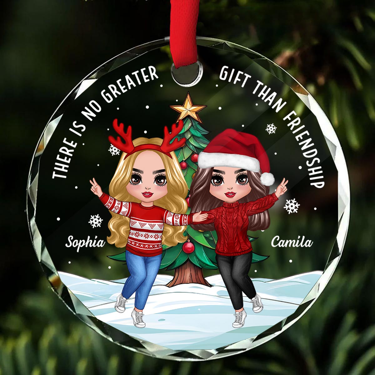 Happy Besties And Christmas Tree Personalized Glass Ornament, Christmas Gift For Him, For Her