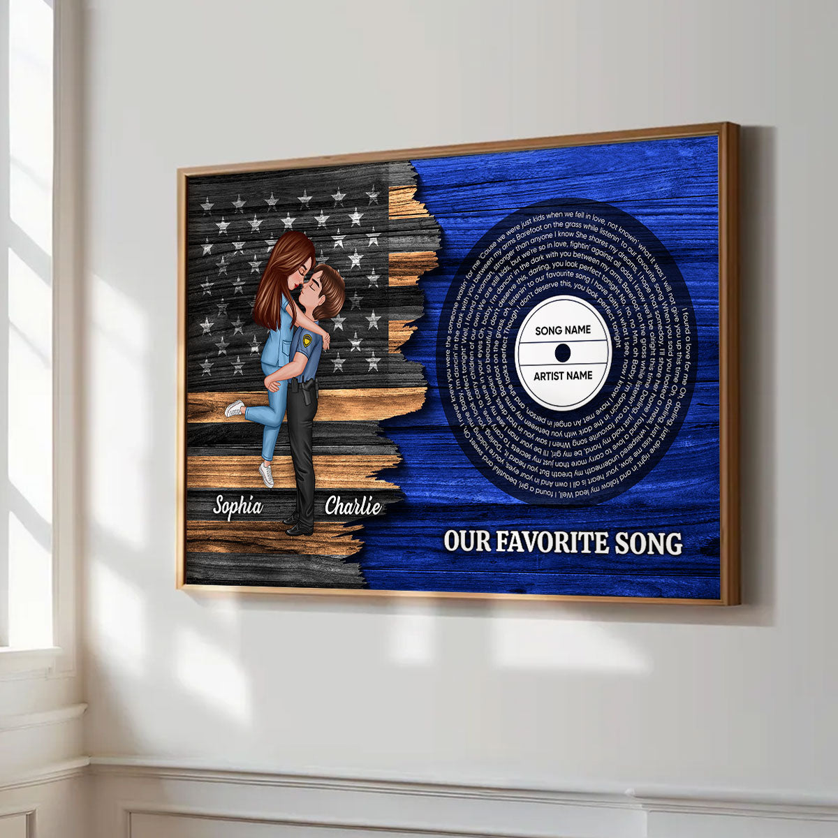 Hero Couple Nation Flag Vinyl Lyrics Favorite Song, Gift by Occupation For Her, For Him Personalized Poster, Anniversary Gift for Couple