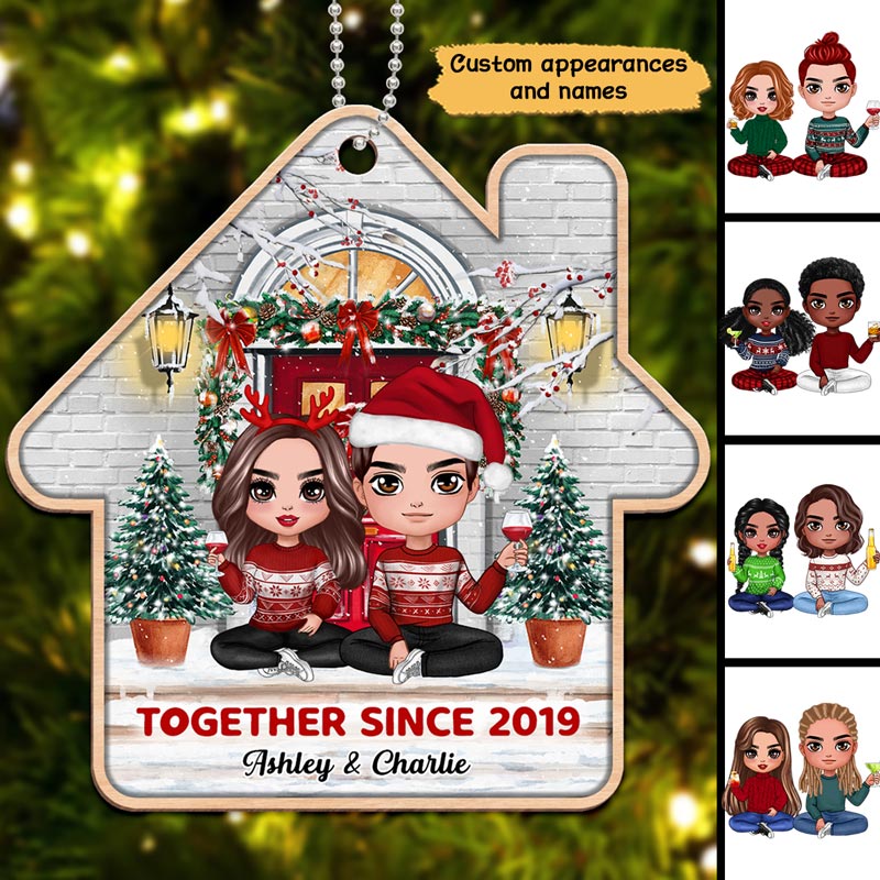 Christmas Doll Couple Sitting On The Front Porch Personalized Wooden Ornament