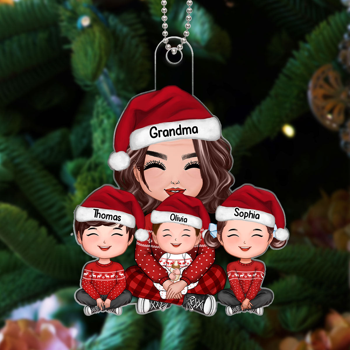 Grandma & Grandkids Sitting Crossed Legs Personalized Acrylic Ornament, Gift For Granddaughter Grandson