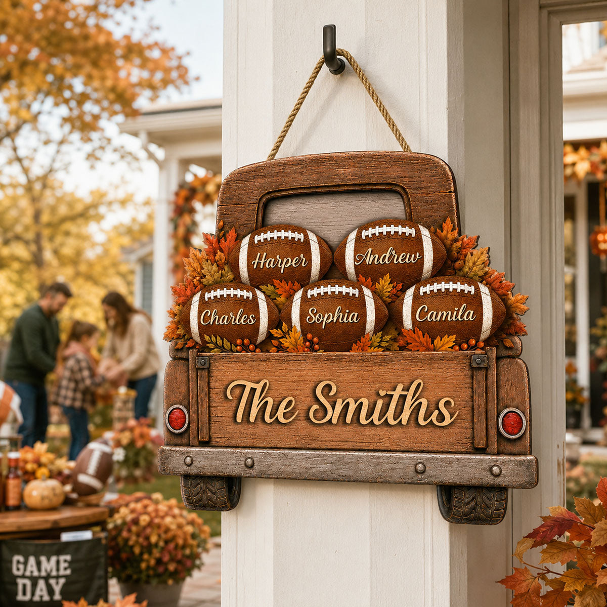 Football Family Truck With Custom Names 2D Flat - Personalized Wood Sign - Fall Season Decor For Football Lovers