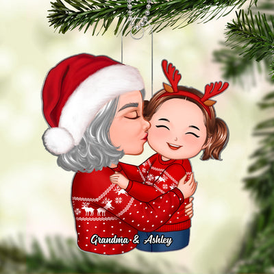 Doll Grandma Kissing Kid On Cheek Christmas Gift For Granddaughter Grandson Personalized Acrylic Ornament