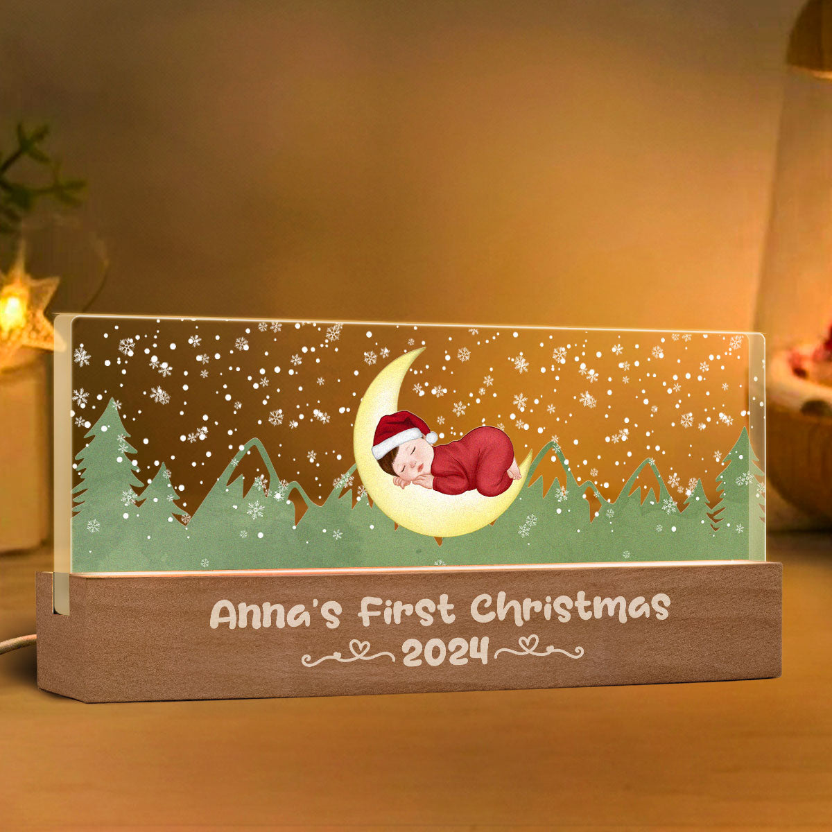 First Christmas Newborn Baby Sleeping On Moon Personalized LED Night Light