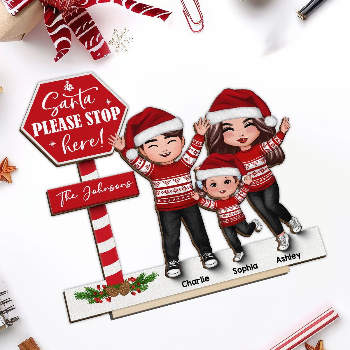 Santa Please Stop Here Family Christmas Decor Personalized 2-Layer Standing Wooden Plaque