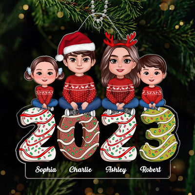 Family Crossed Legs Sitting Dad Mom Kids Dogs Cats Gingerbread 2023 Personalized Acrylic Ornament