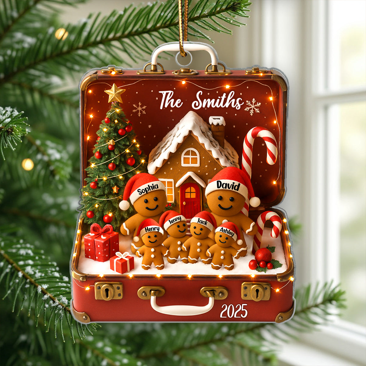 Gingerbread Family Vintage Suitcase Personalized Acrylic Ornament, Christmas Gift/Decor for Families