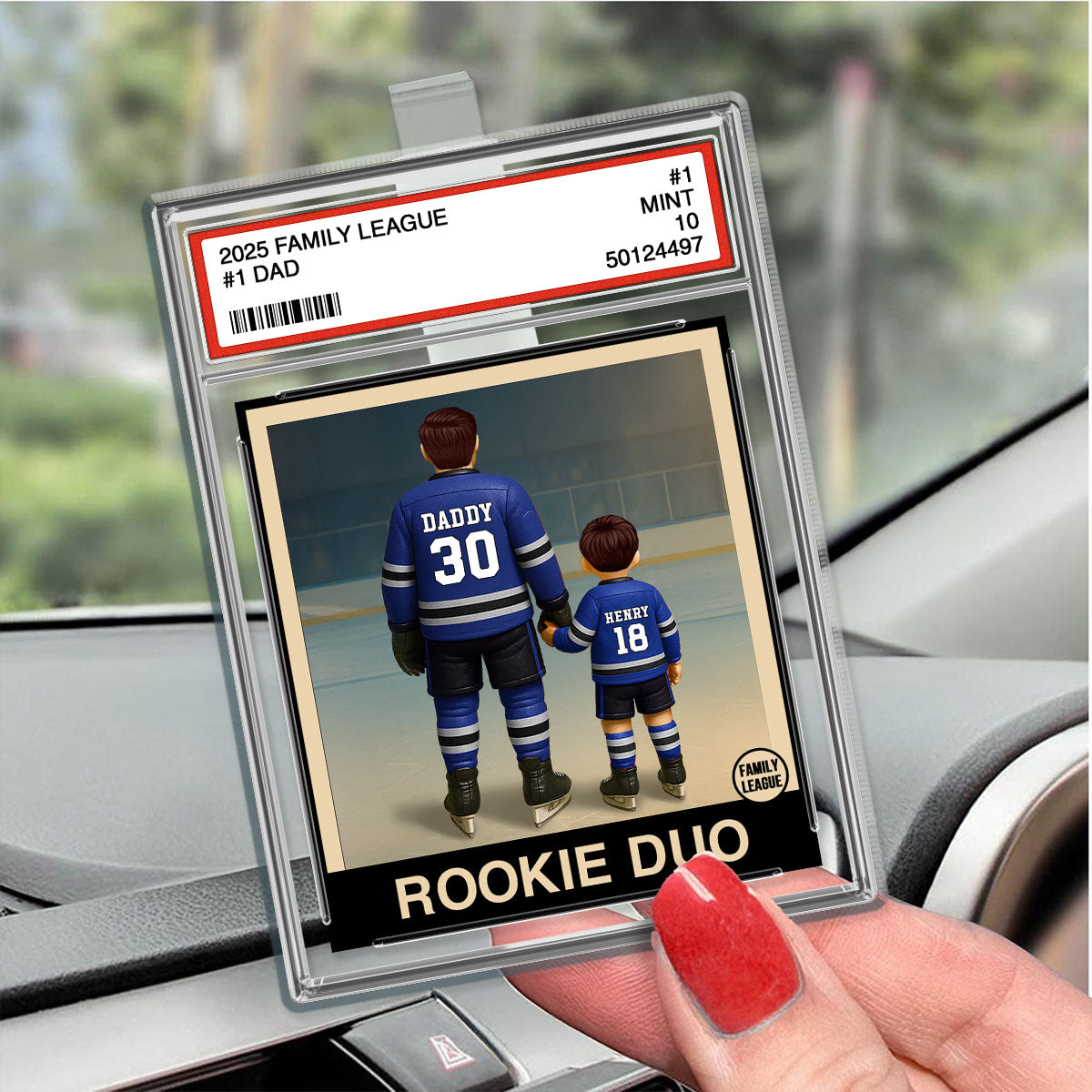 Hockey No. 1 Dad Man & Kids Trading Card Style Personalized Acrylic Car Visor Clip