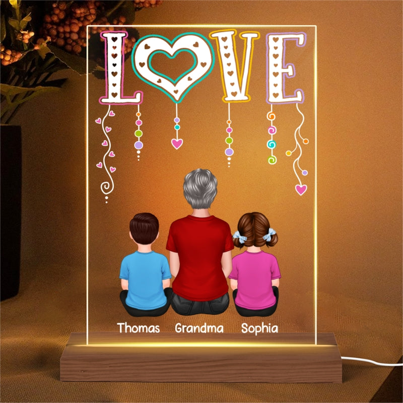 LOVE Back View Grandma Mom With Kids Sitting Personalized Rectangle Acrylic Plaque LED Night Light