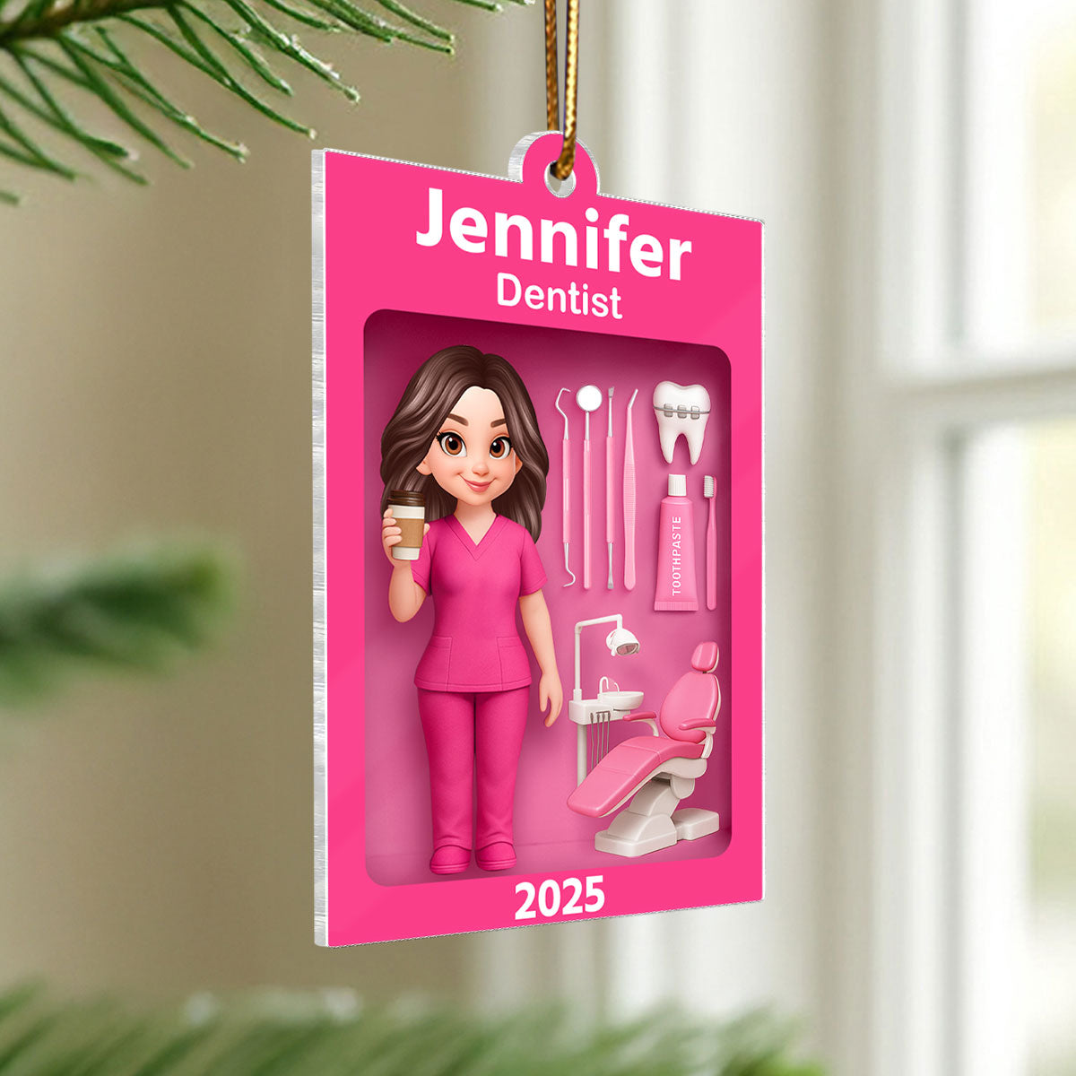 Pink Dentist Action Figure - Personalized Acrylic Ornament - Unique Christmas Gift For Dentist