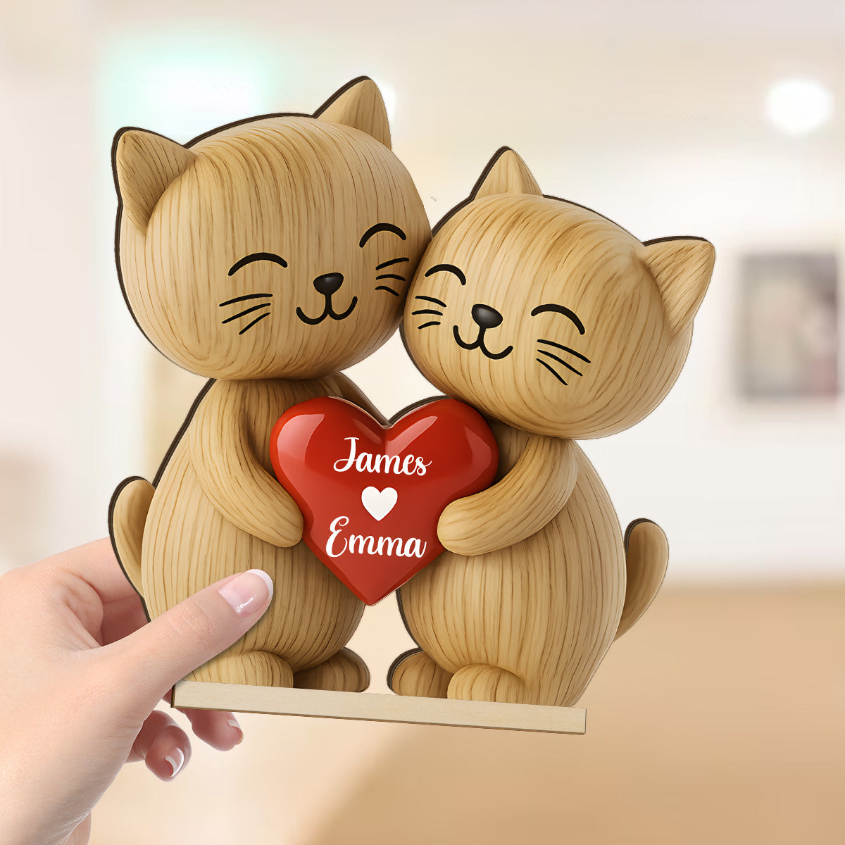 3D Effect Cat Couple Love Personalized Flat Standing Wooden Plaque| Heartfelt Birthday Gift, Anniversary Gift for Couple