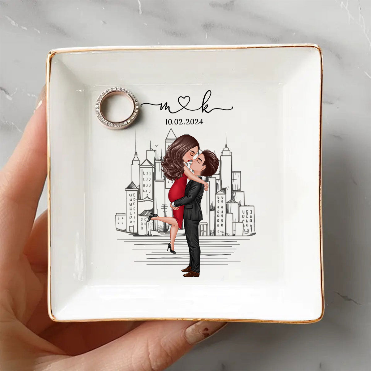 Couple Hugging Kissing Outline Landscape Personalized Jewelry Dish, Gift for Her