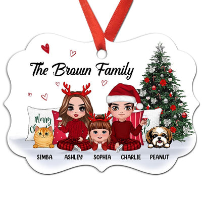 Family Dogs Cats Sitting Beside Christmas Tree Personalized Christmas Ornament