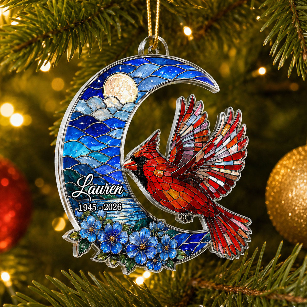 Cardinal Beneath the Blue Moon - Personalized Acrylic Ornament - Memorial Sympathy Gift
