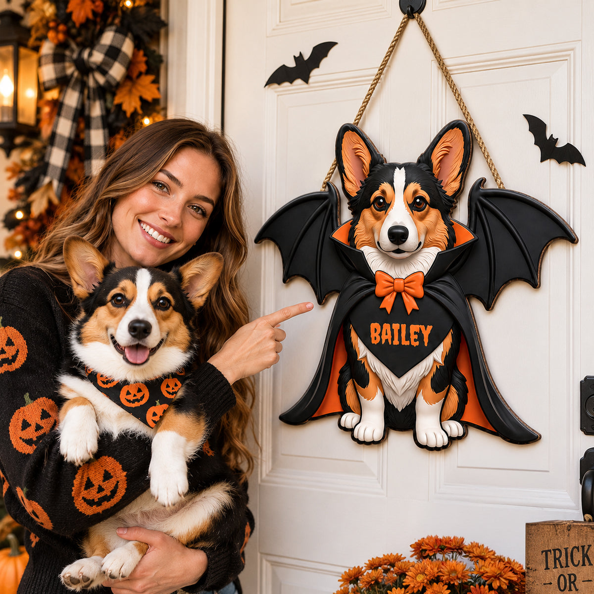 Custom Dog Cat Vampire - Personalized Door Hanger Sign - Spooky Rustic Halloween Porch Decoration