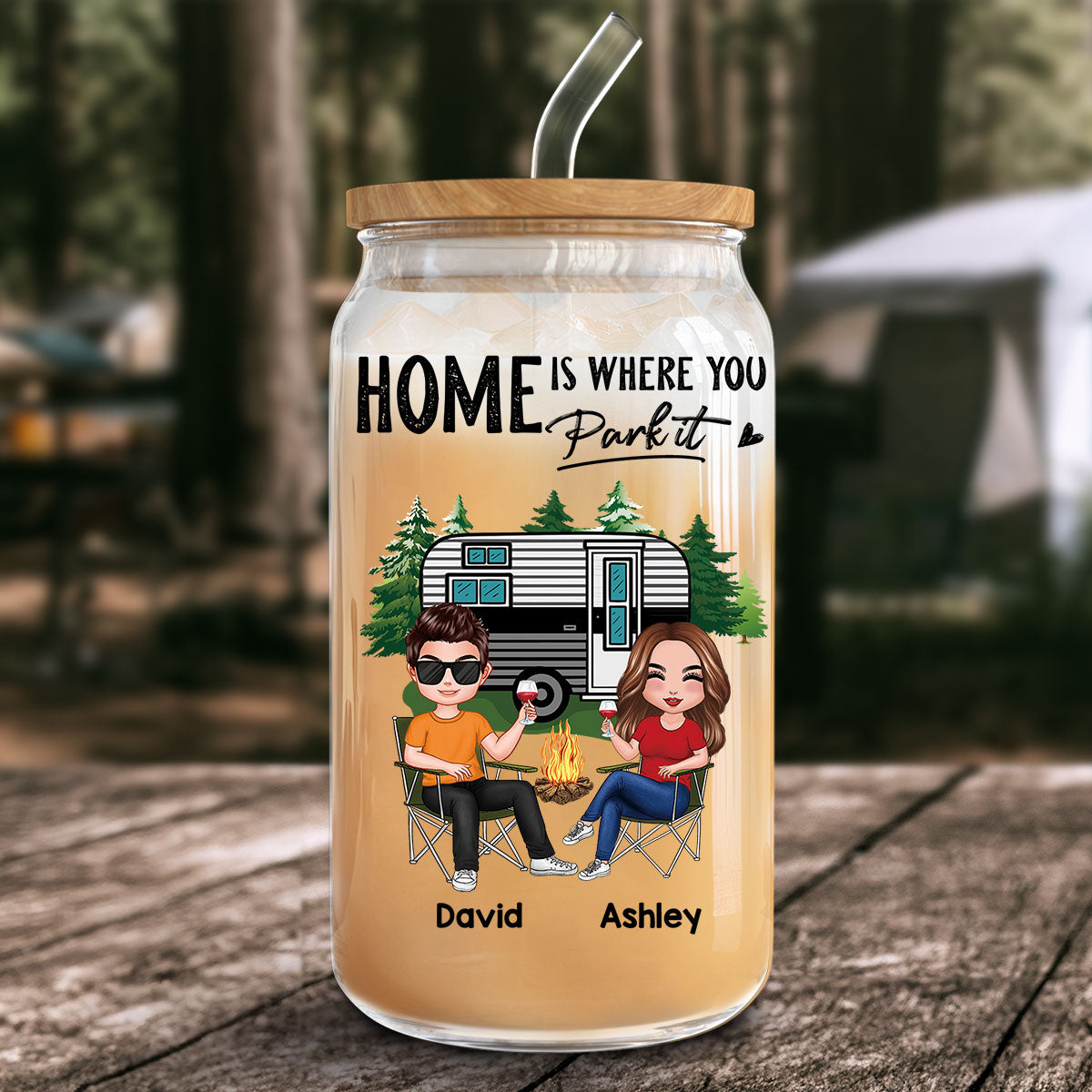 Doll Couple Camping Personalized Clear Glass Can