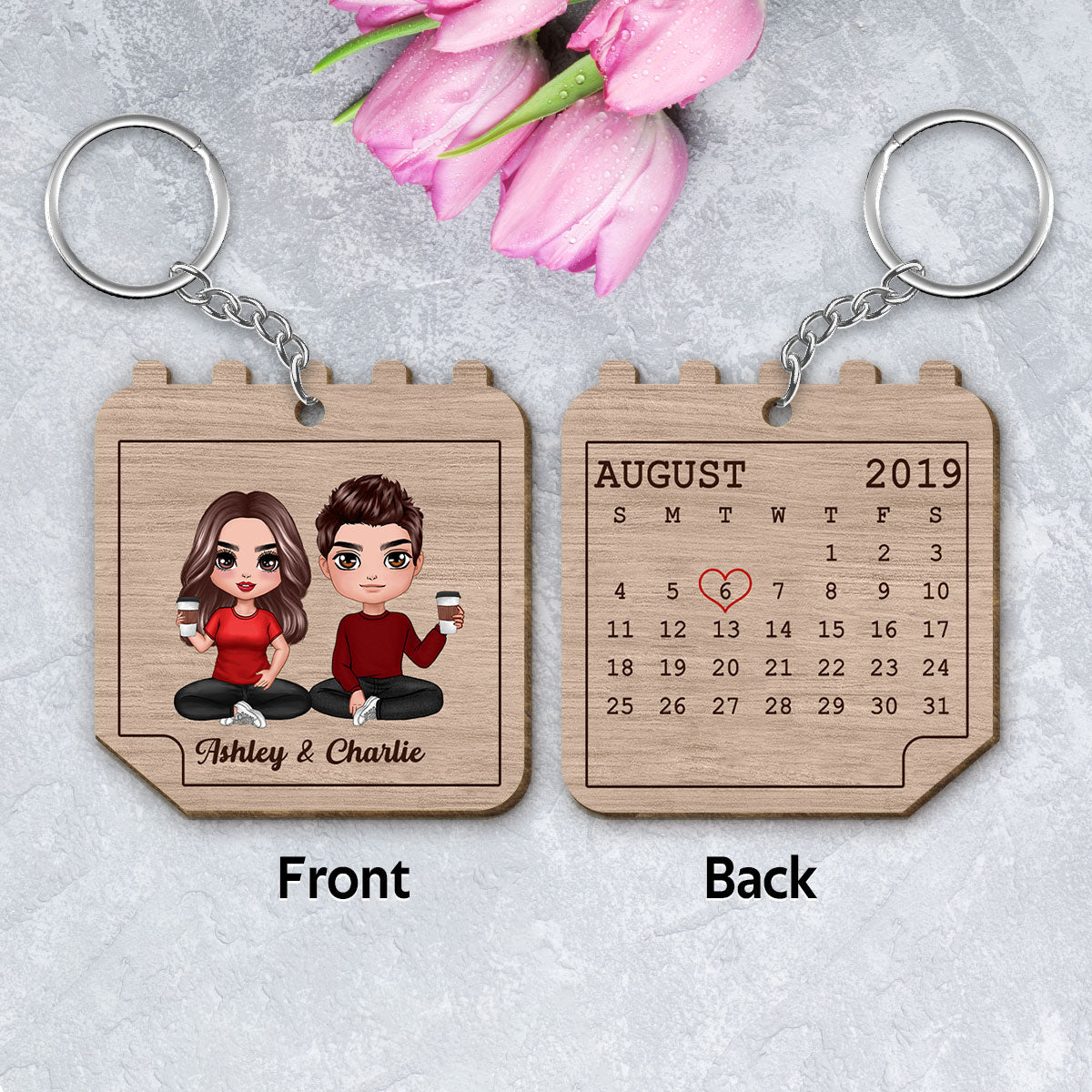 Doll Couple Sitting Calendar Shape Anniversary Date Personalized Wooden Keychain
