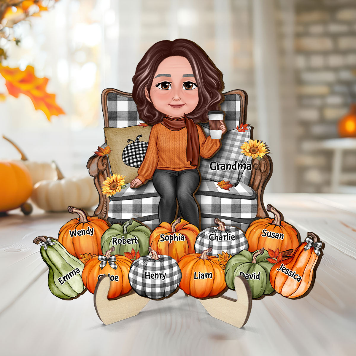 Grandma Sitting On Chair Pumpkins - Personalized 2-Layered Wooden Plaque