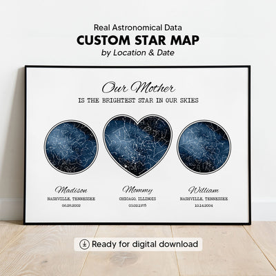 Custom Star Map Poster by Location & Date, Real Astronomical Data, Personalized Heartfelt Gift for Mom from Daughter, Son
