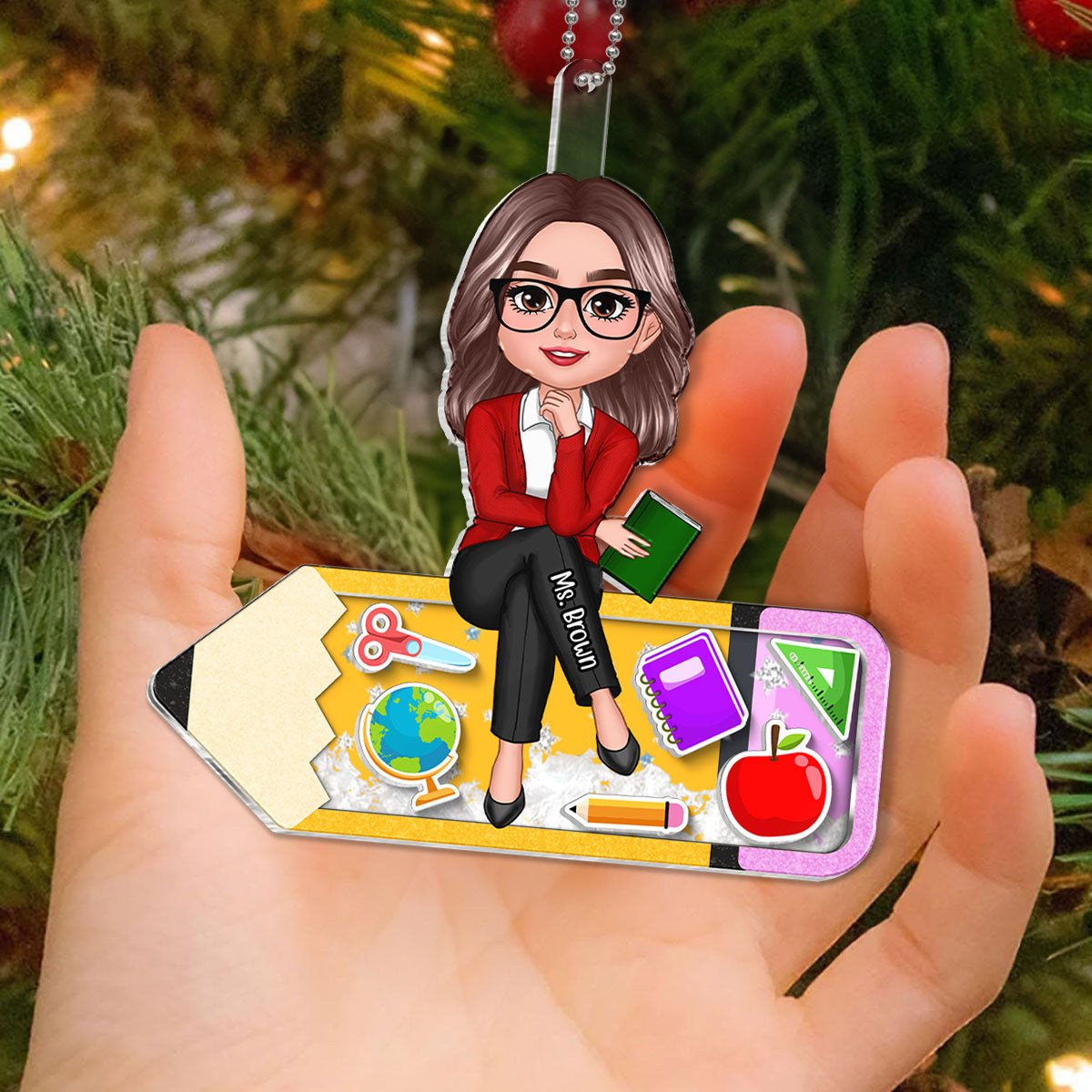 Doll Teacher Sitting On Pencil Personalized Shaker Ornament, Christmas Gift
