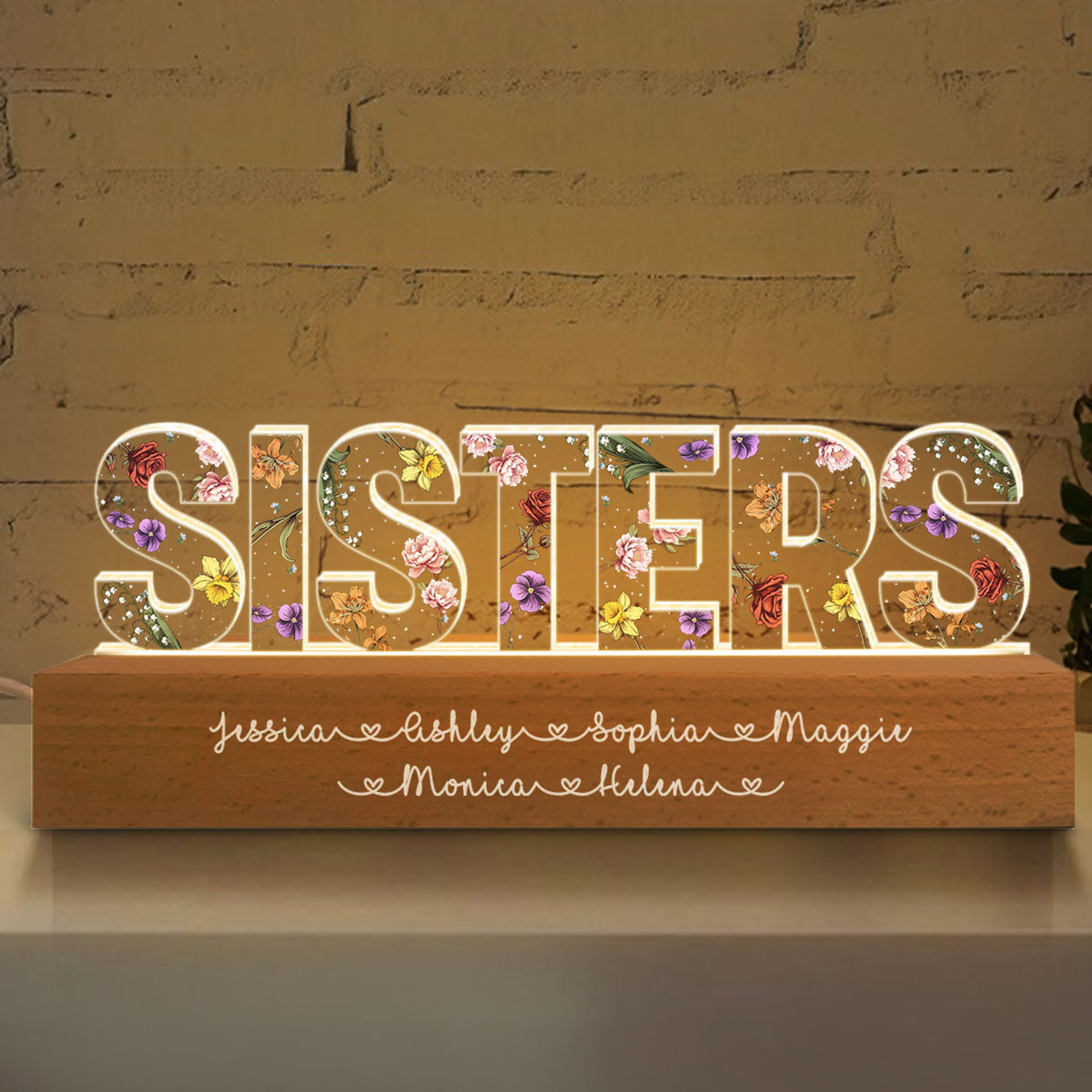Sisters Birth Month Flower Personalized Acrylic LED Night Light, Birthday Christmas Gift For Sisters