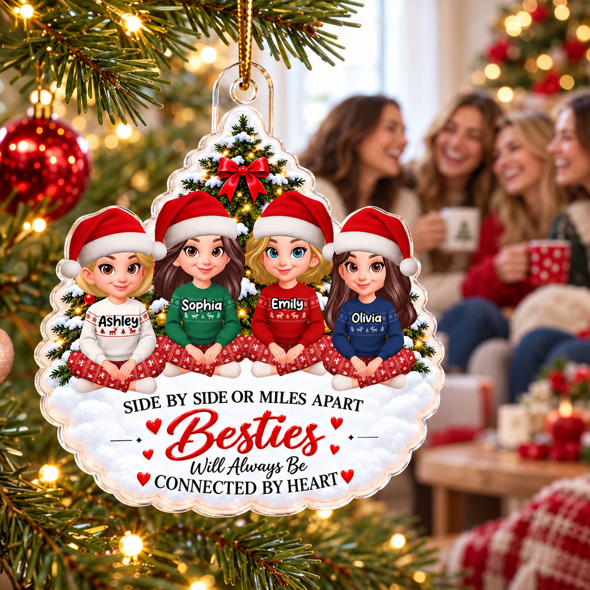 Cousins Family Sisters Connected By Heart - Personalized Acrylic Ornament - Christmas Gift For Cousins, Girls, Family