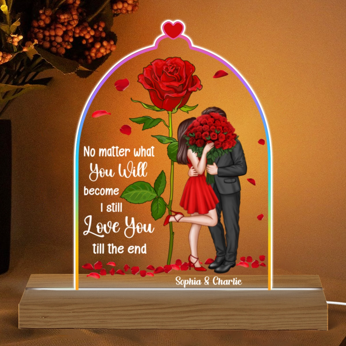 Standing Couple Kissing Rose Personalized Dome Shaped Acrylic LED Night Light