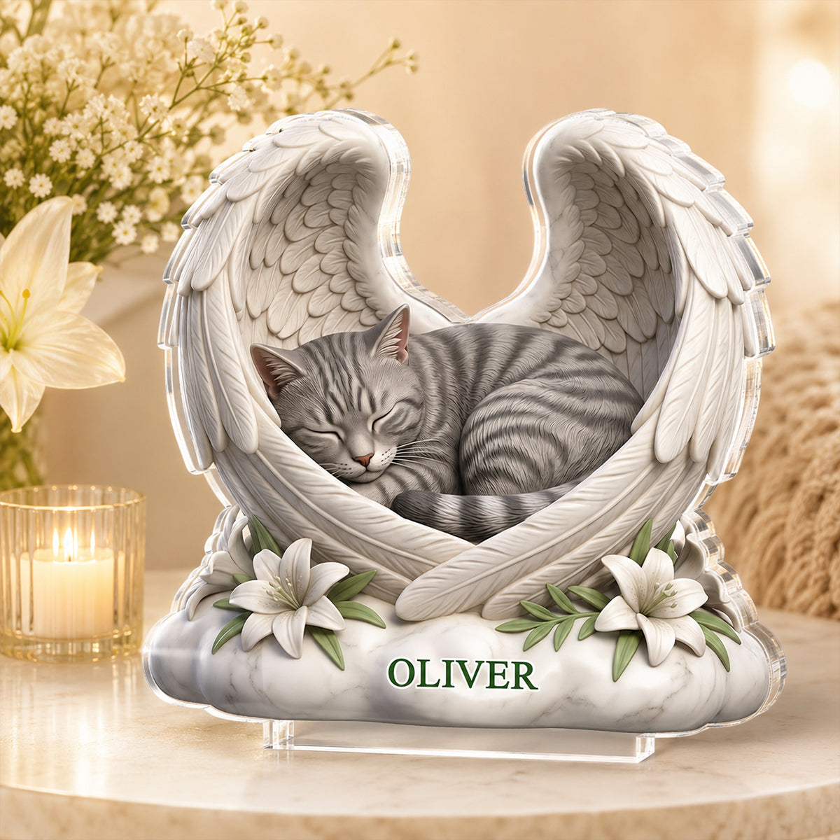 Custom Cat Angel Wings Statue - Personalized Acrylic Block Plaque - Heartfelt Pet Memorial Gift