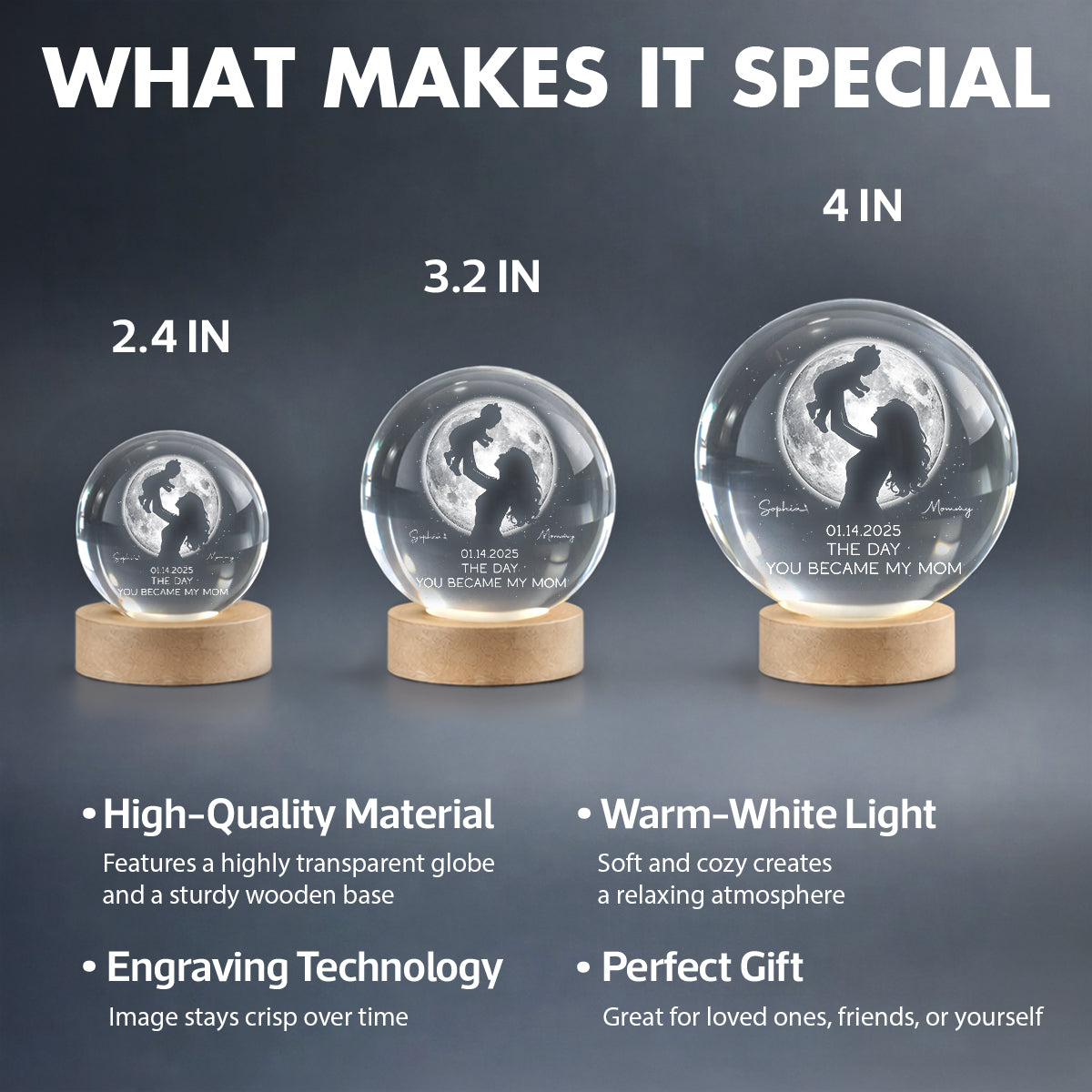 Mom Hugging Kid, The Day You Became My Mom Custom Moon Phase by Date - Personalized Crystal Ball LED Night Light - Mother's Day Gift for Mom