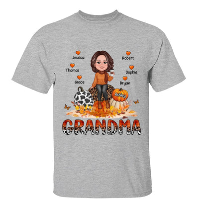 Grandma Mom Patterned Hearts Pumpkins Fall Season Personalized Shirt