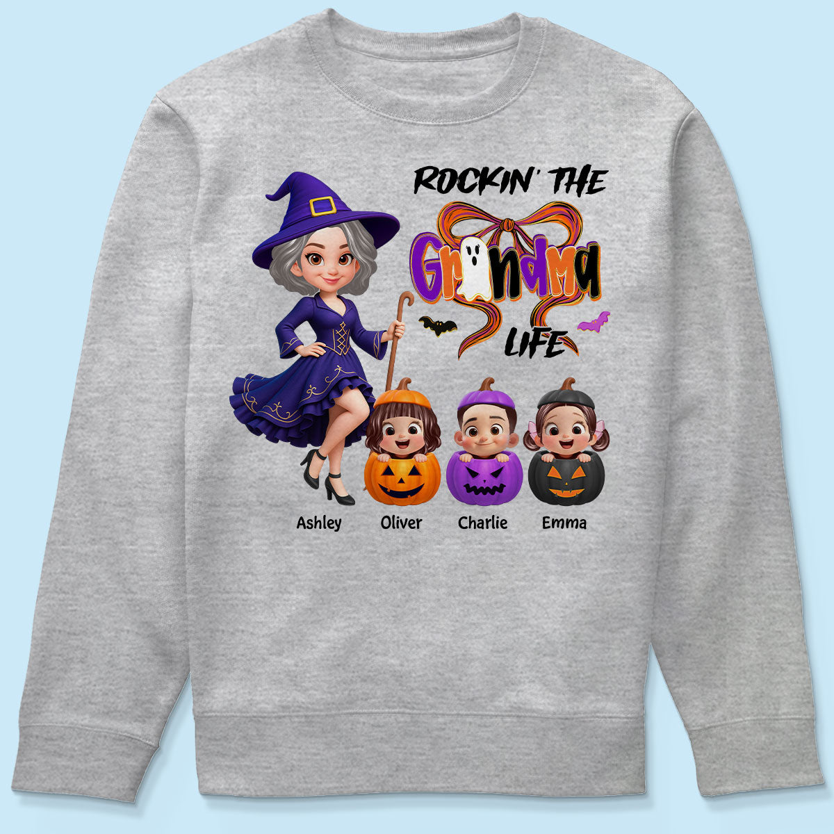 Rockin' Grandma Life Halloween Coquette Bow Grandkids Pumpkins Personalized Sweatshirt