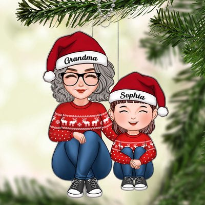 Cute Grandma Grandkid Sitting Together Christmas Gift For Granddaughter Grandson Personalized Acrylic Ornament