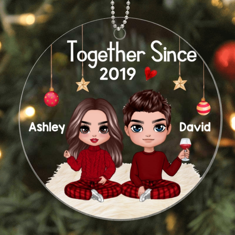 Doll Couple Sitting Christmas Personalized Acrylic Ornament