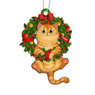 Fluffy Cat On Christmas Wreath Personalized Wooden Ornament