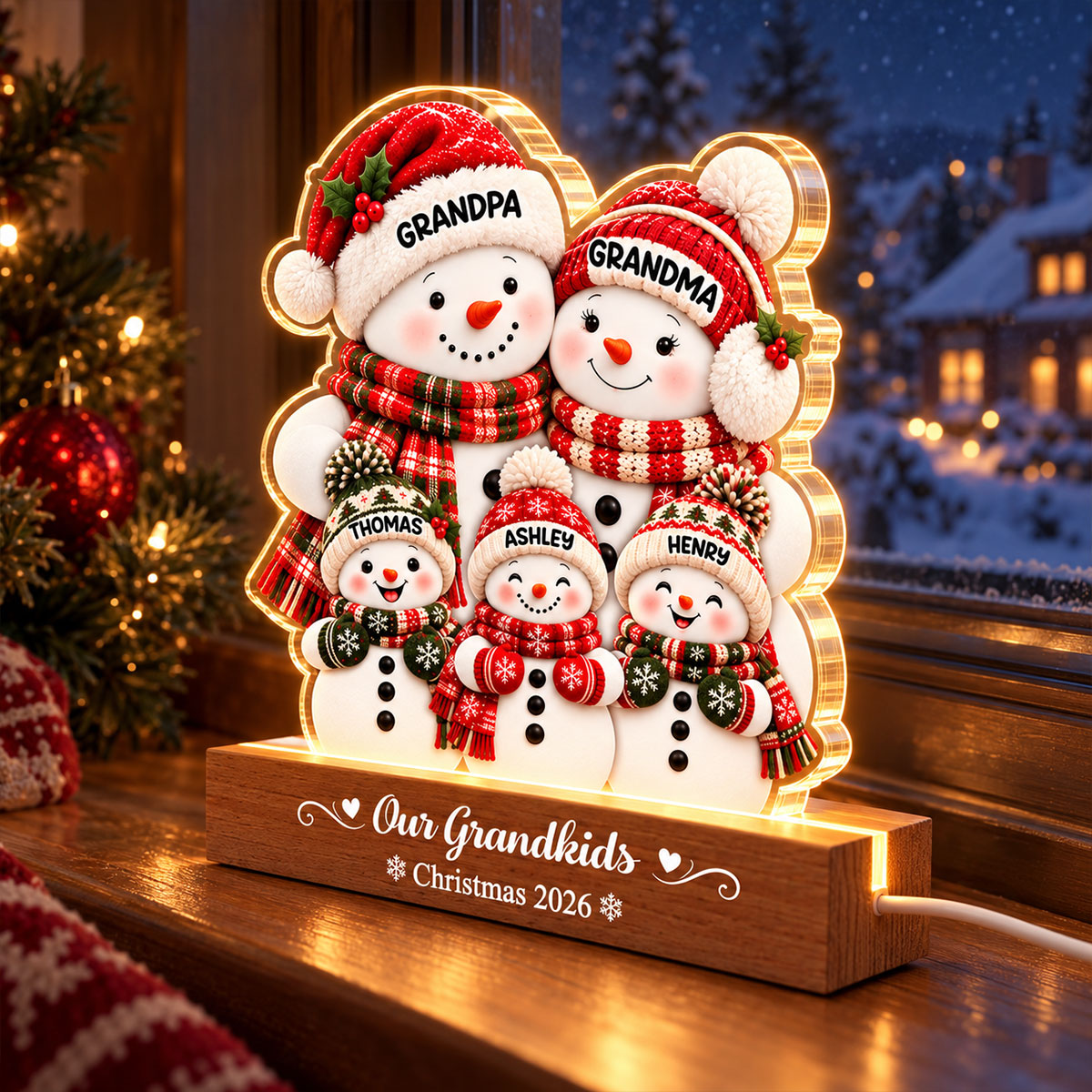 Cozy Warm Christmas Snowman Grandpa Grandma Grandkids - Personalized Acrylic Block LED Night Light - Christmas Decor For Grandparents