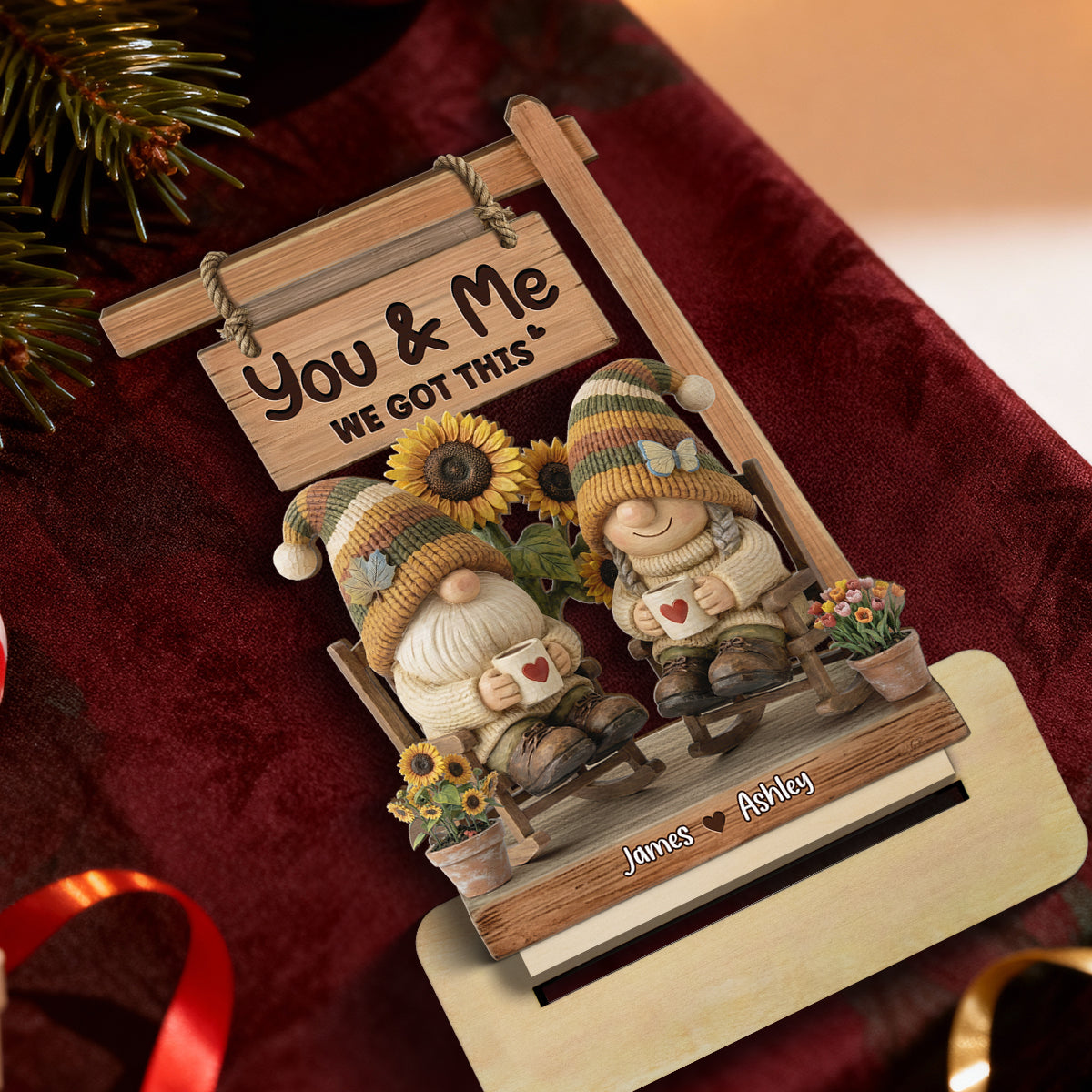 3D Effect Gnome Couple Sitting On Rocking Chair - Personalized 2-Layered Wooden Plaque - Perfect Valentine's Day Gift For Him, Gift For Her