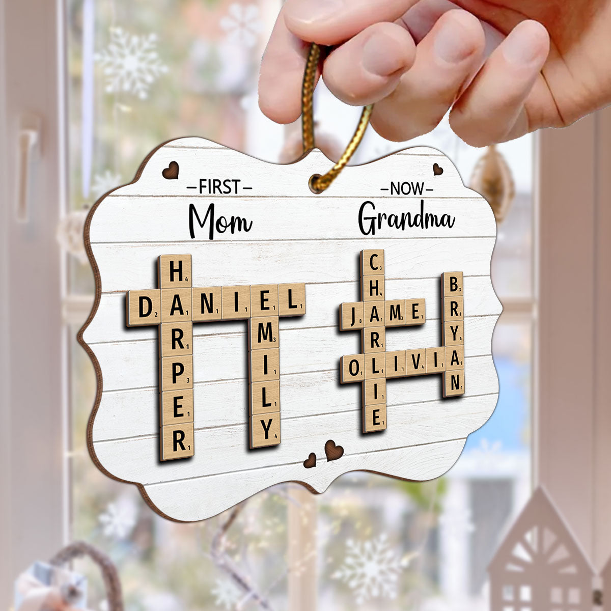 First Mom Now Grandma Crossword Puzzle Art Personalized 2-Layer Wooden Ornament, Christmas Gift For Grandma, Gift For Mom
