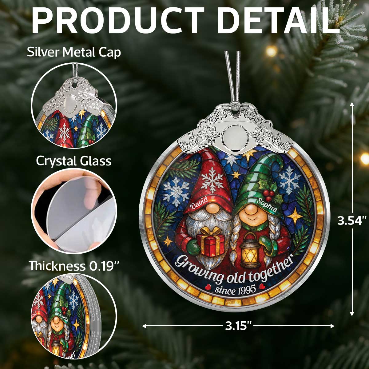Retro Vintage Gnome Couple Growing Old Together Stained Glass Style - Personalized Glass Ornament With Silver Cap