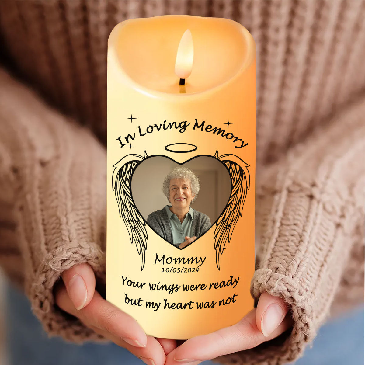 Memorial Angel Wings Personalized LED Candle, Custom Photo Sympathy Gift