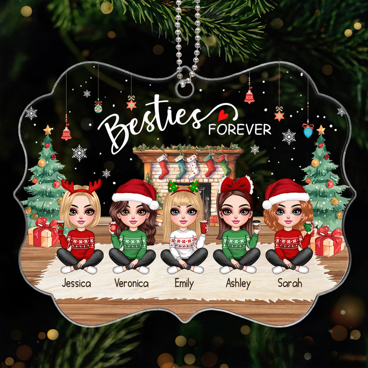 Pretty Friends Sisters Besties At Fireplace Personalized Acrylic Ornament, Christmas Gift