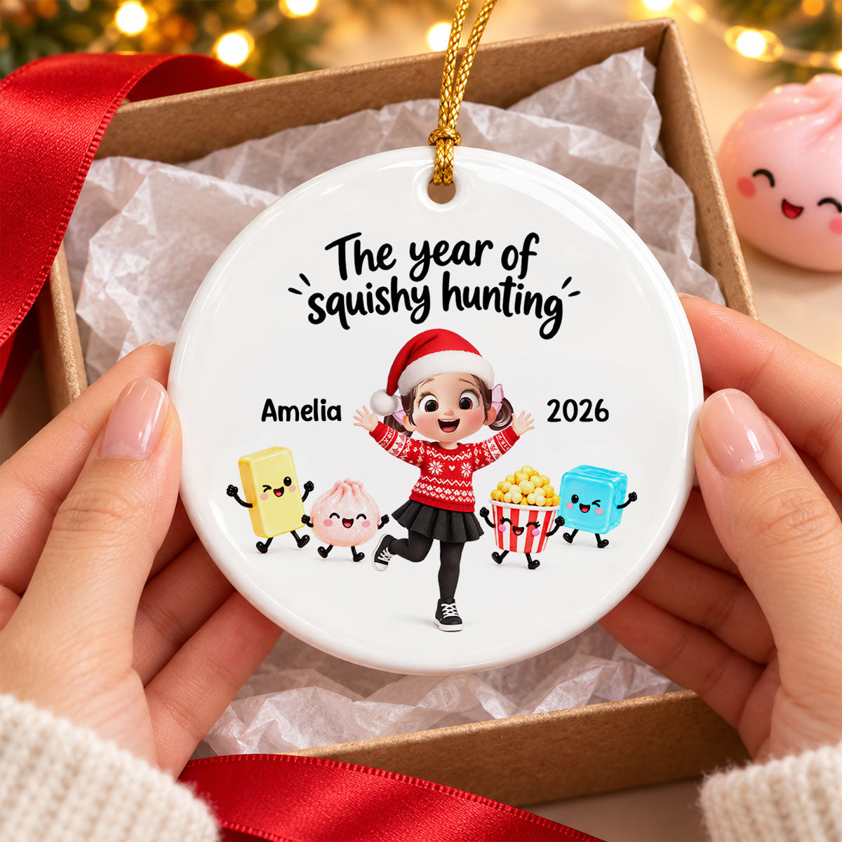 Cute Girl Boy The Year Of Squishy Hunting - Personalized Ceramic Ornament - Christmas Gift For Daughter, Son, Grandchildren, 2026 Keepsake
