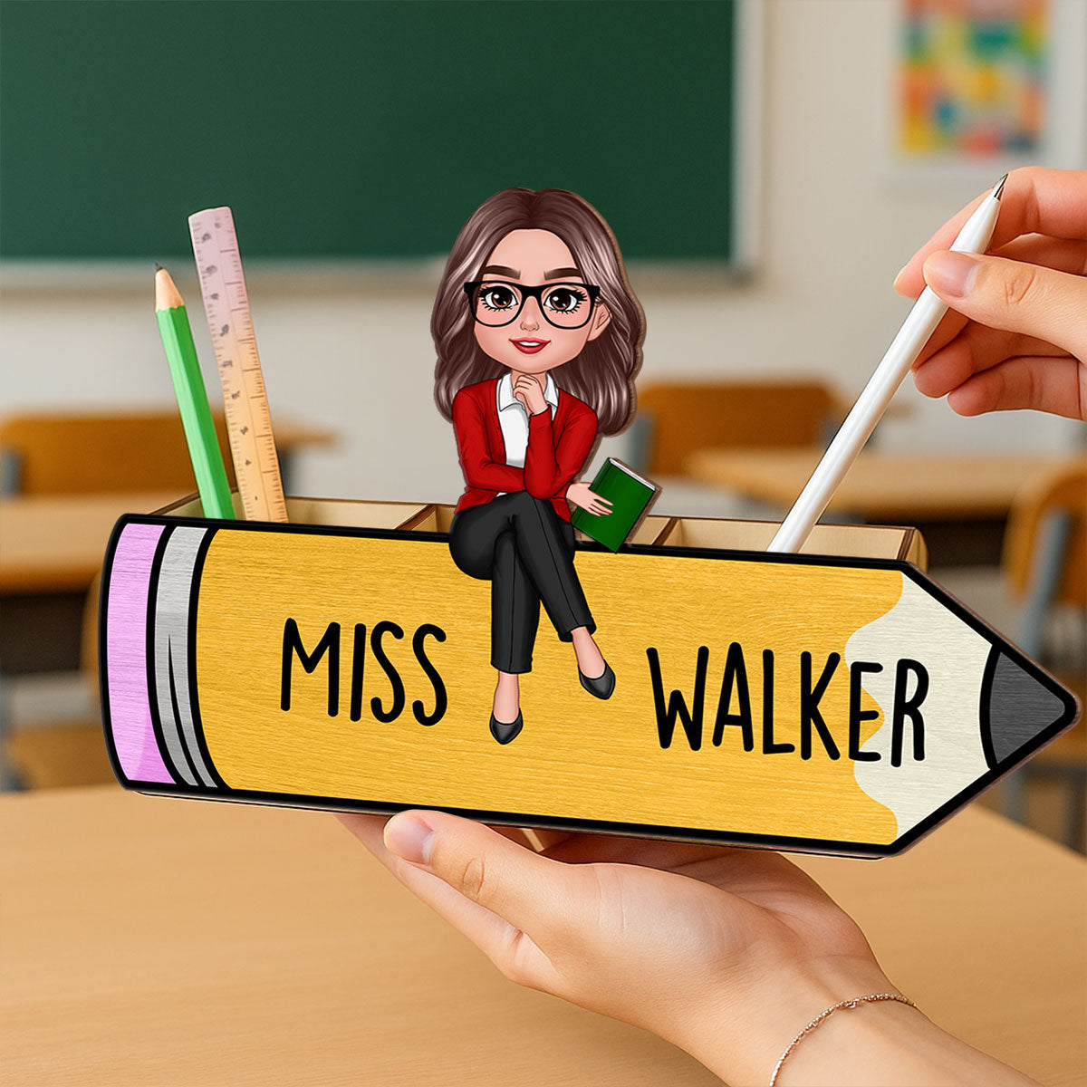 Doll Teacher Sitting On Pencil Personalized Wooden Pen Pencil Holder, Back To School Gift