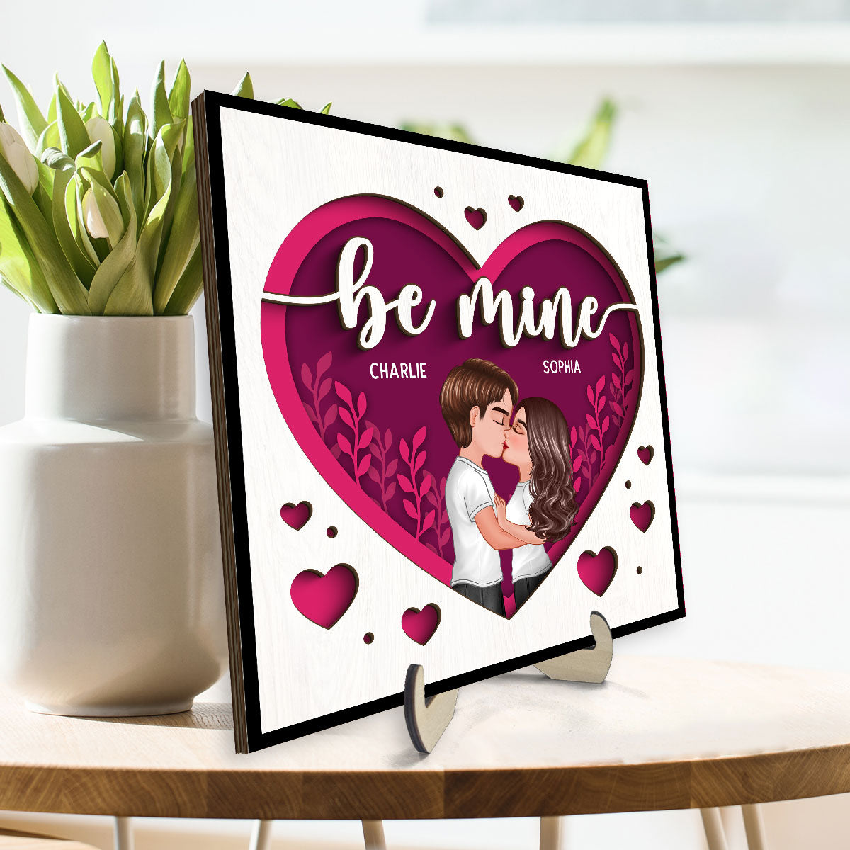 Pink Heart Couple Kissing Valentine‘s Day Gift For Him For Her Personalized 2-Layer Wooden Plaque
