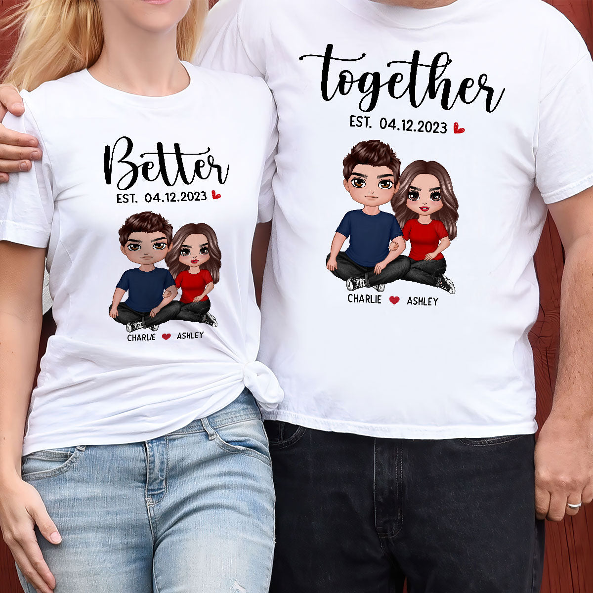 Better Together Doll Couple Embracing Sitting Valentine‘s Day Gift For Couple Personalized Matching Shirts [Set Of 2 Shirts]