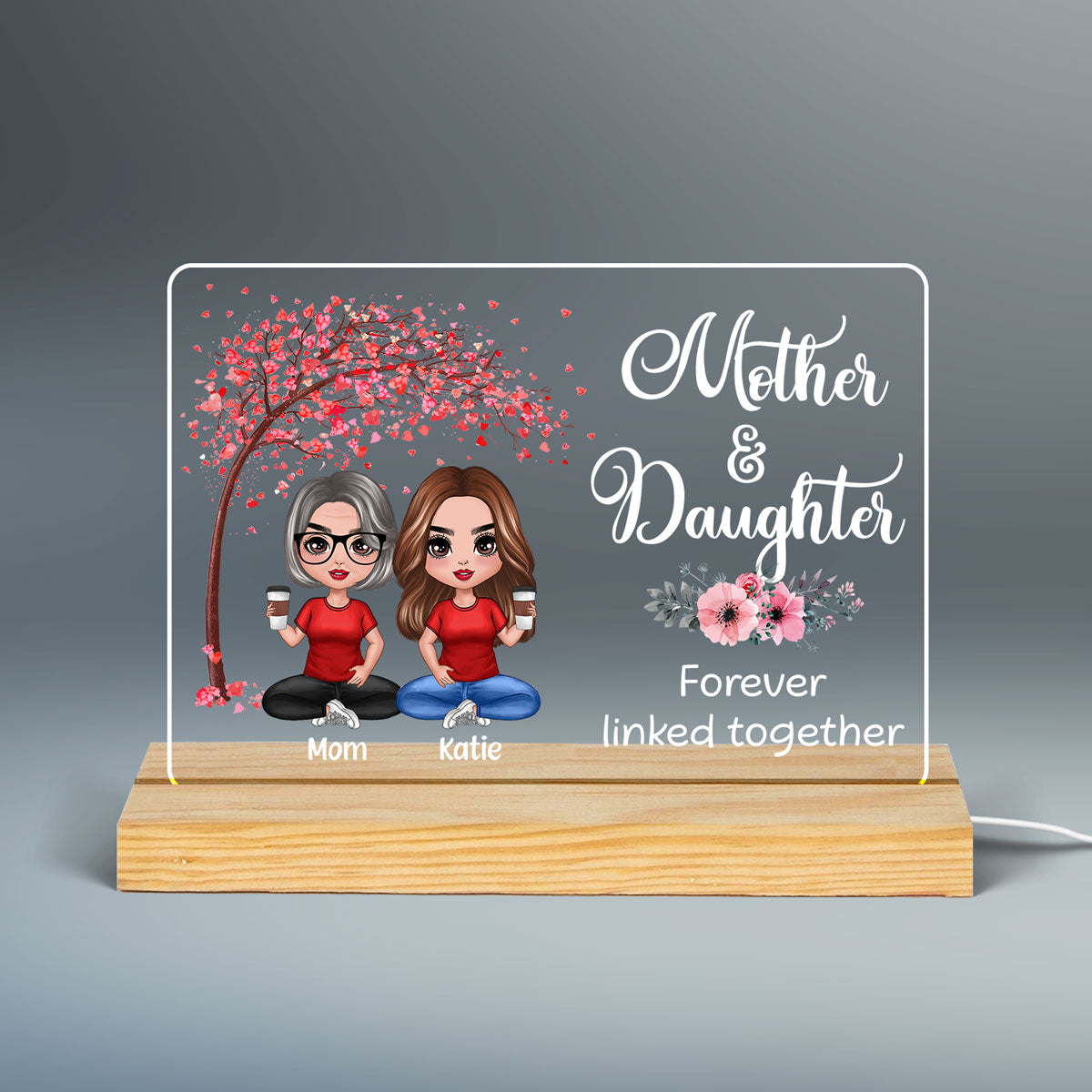Doll Mom And Daughters Sitting Under Pink Tree Personalized Custom Shape Acrylic Plaque LED Night Light