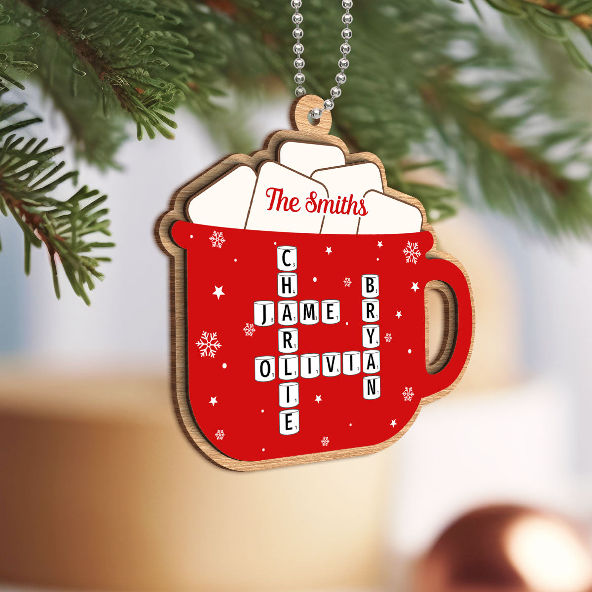 Hot Cocoa Christmas Family Marshmallows Personalized 2-Layer Wooden Ornament