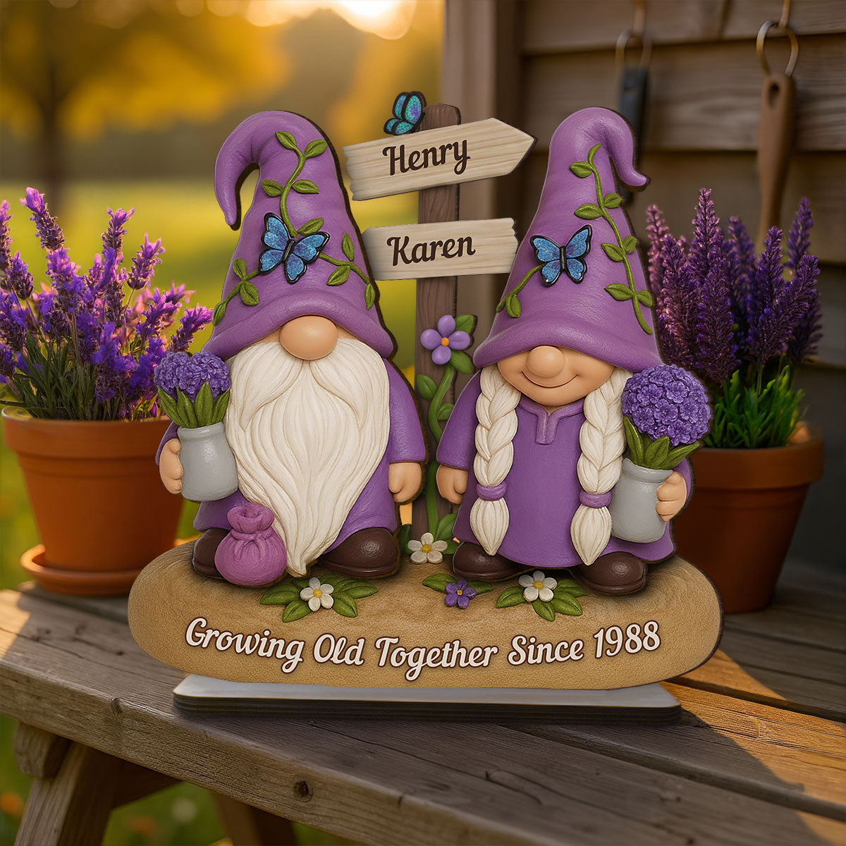 Lavender Gnome Couple - Personalized Standing Wooden Plaque - Gift for Couple, for Him, for Her