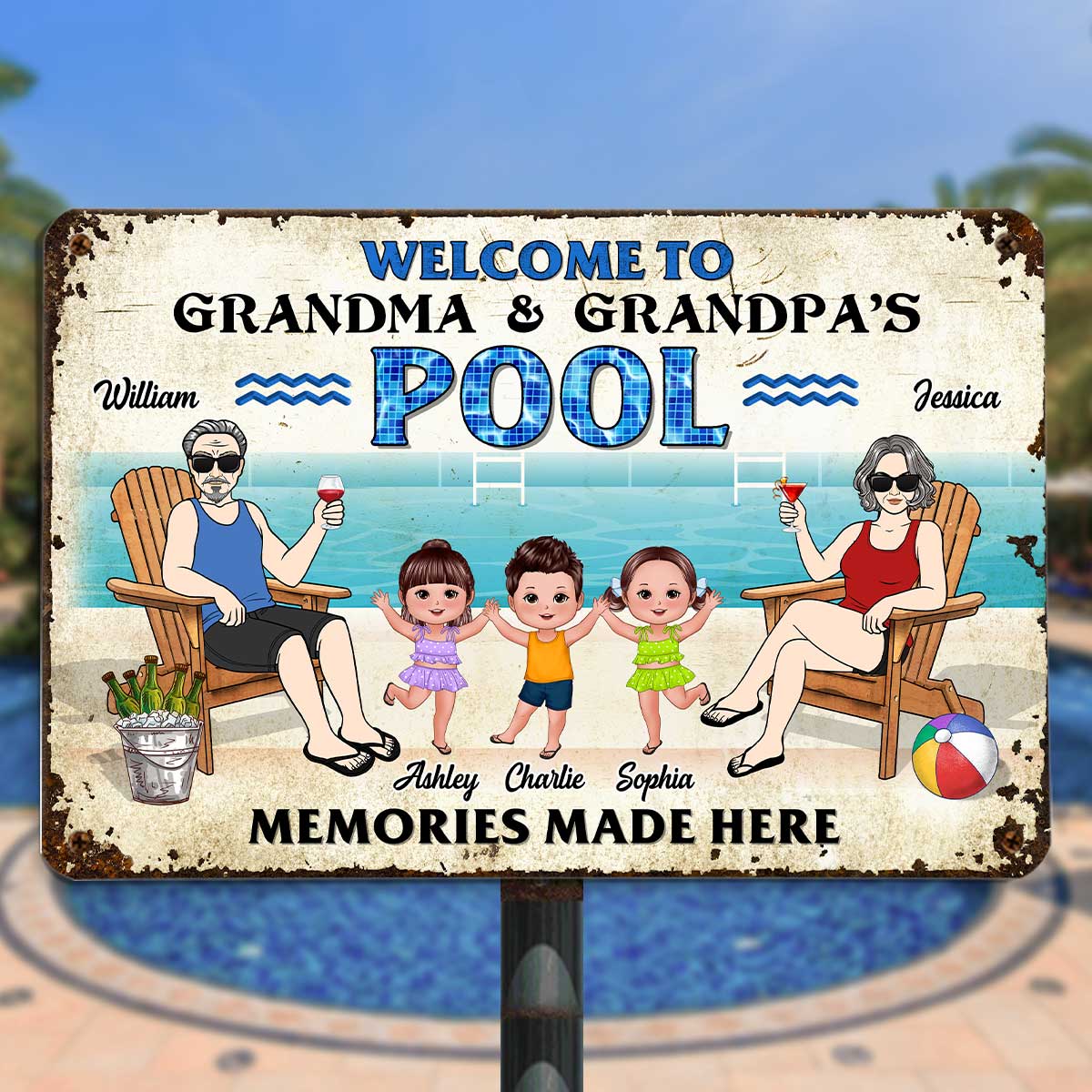 Welcome To Grandparents Pool Happy Doll Kids Summer Personalized Metal Sign