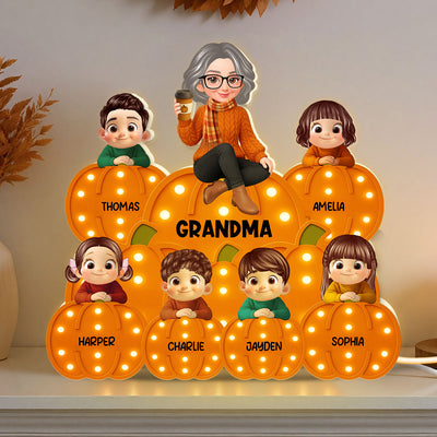 Fall Season Grandma Grandkids On Marquee Pattern Texture Pumpkins Personalized LED Light Box